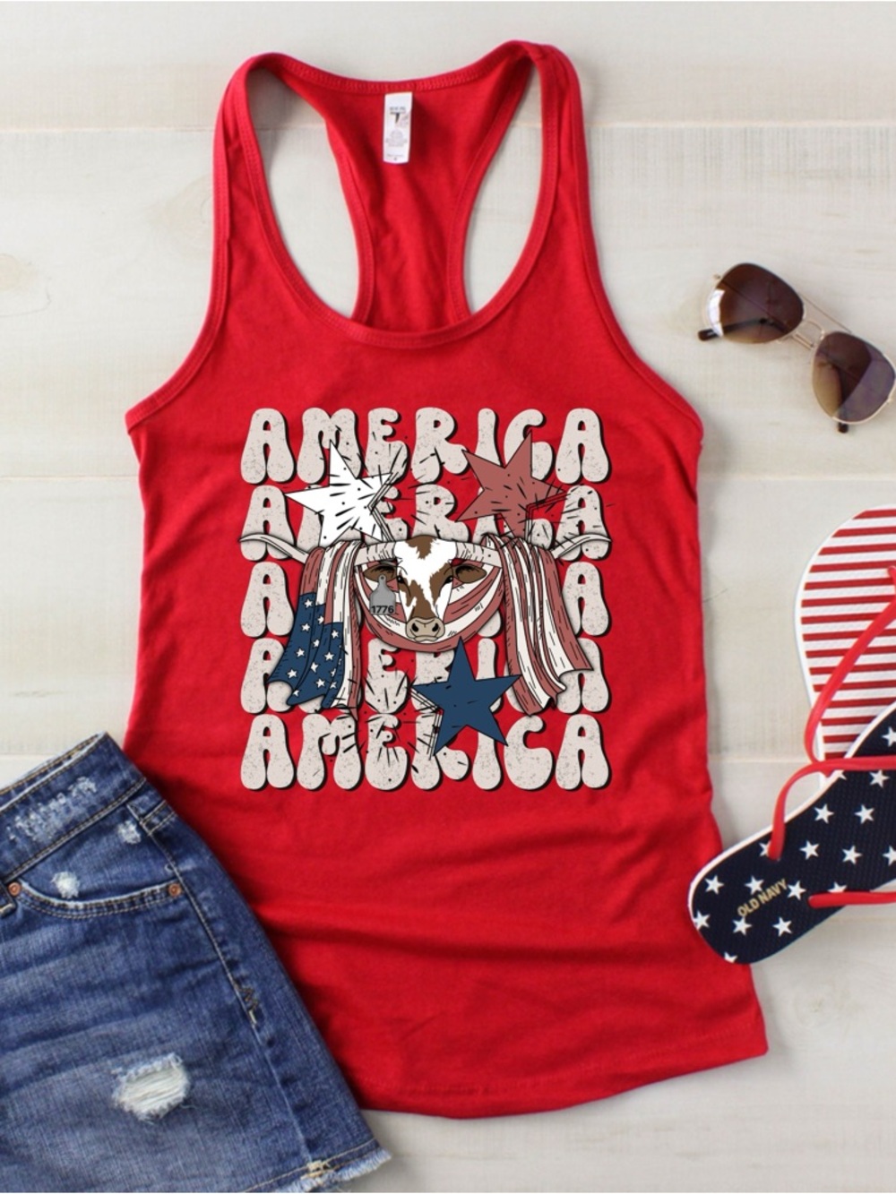 Next Level Apparel Red Women's Graphic Tank Top - America Cow Design
